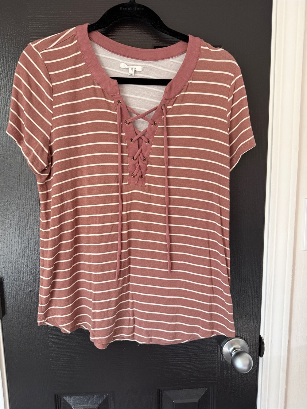 Maurices Dusty Rose Striped Lace-Up Short Sleeve Top